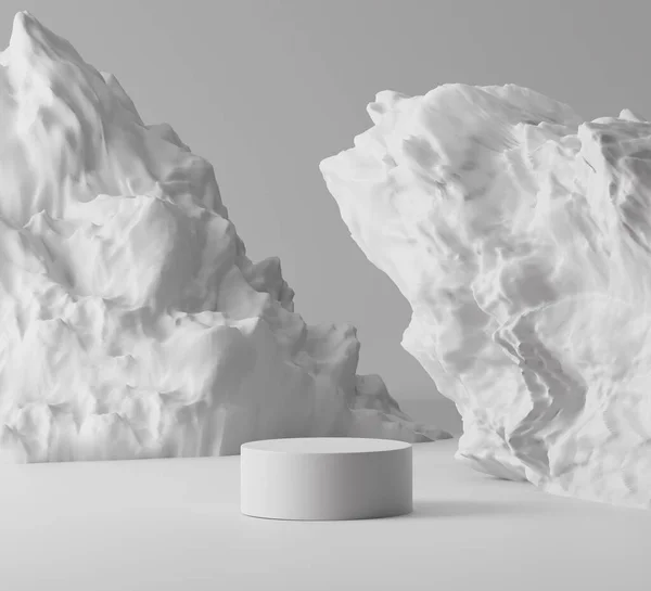 Gri arkaplanı olan 3 boyutlu beyaz kaya kaidesi. Güzellik ürünlerinin tanıtımı için doğal gri taş podyum. Minimum, soyut gösteri sahnesi, şablon modeli. 3 Boyutlu resimleme .