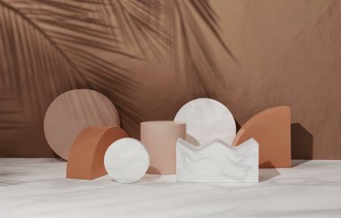 Üç boyutlu bej kaidesel podyum seti, kahverengi arkaplan üzerinde palmiye yaprağı gölgesi. Geometrik şekil, beyaz mermer yaz güzellik ürünleri için vitrin. Soyut 3d canlandırma çizimi