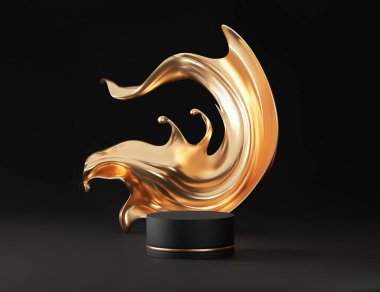 3D siyah kaide podyumu, koyu arkaplanda altın rengi sıvı girdap. Güzellik ürünleri ve kozmetik ürünleri için vitrinli lüks altın akış. soyut 3B biçimlendirme modeli