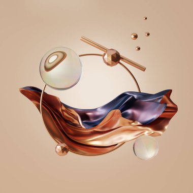 Bej arka planda uçuşan üç boyutlu metalik altın ve menekşe kumaş. Yanardöner holografik folyo. Fotokopi alanı ve yükselen ilkel geometrik şekiller için altın çerçeve. Yaratıcı 3B oluşturucu