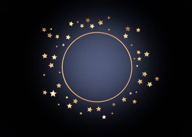 Yuvarlak altın halka çerçeve, siyah arkaplan üzerine izole edilmiş altın yıldızlarla donanma mavisi gradyanı ve metin için kopyalama alanı. Boş soyut afiş maketi. Sihirli Gökyüzü konsepti 3d oluşturma