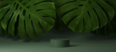 3 boyutlu yeşil kaide, canavar palmiye yapraklarıyla sergileniyor. Tropikal yapraklı yaz basamakları podyumu. Egzotik bir geçmiş. Doğal kozmetik güzellik ürünü, soyut trend 3D çizim illüstrasyon afişi 