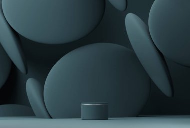 3 boyutlu arka plan, kozmetik podyum, ekran modeli. Top havaya kalkıyor. Koyu mavi, ve gümüş pastel kaide. Asgari soyut geometrik, güzellik makyaj ürünü için stüdyo düzeni. Damgalama, boş 3B canlandırma