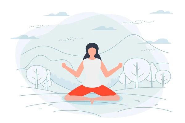 Vektor Ilustrasi Gadis Dengan Pose Lotus Yoga Taman Hutan Pohon - Stok Vektor