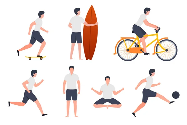 Aktywności człowieka - skate, bieganie, piłka nożna, surfowanie — Wektor stockowy