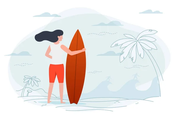 Wektor - dziewczyna na plaży, trzymając deskę surfingową. — Wektor stockowy
