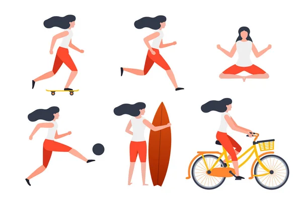 Conjunto de vectores, chicas en diferentes actividades de verano — Vector de stock