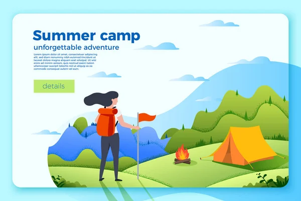 Modèle de bannière de camping vectoriel avec fille touristique — Image vectorielle