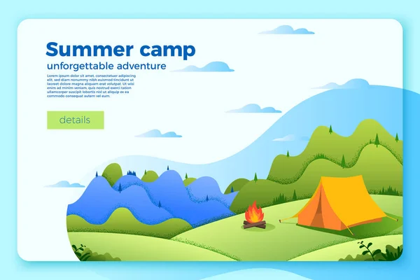 Plantilla de banner de camping vectorial con hoguera, tienda — Vector de stock