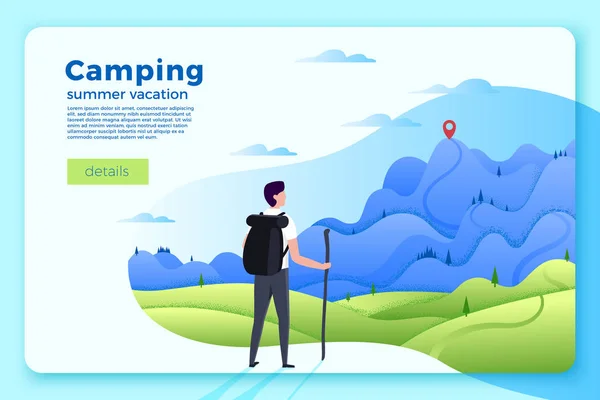 Bannière de camping, homme regardant la forêt, montagnes — Image vectorielle
