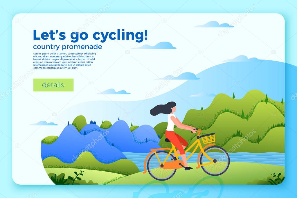 Vector bright bicycle ride banner template with girl on a bike. Forest, river and mountains on soft background.