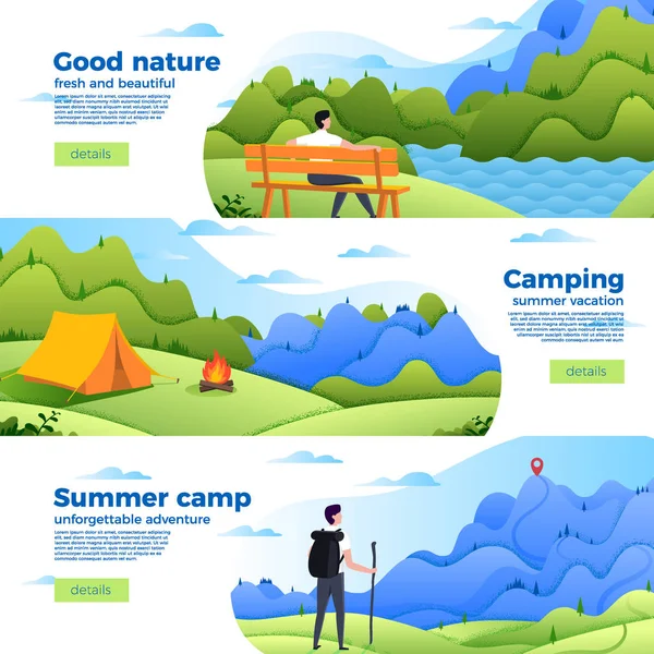Ensemble Vectoriel Modèles Bannières Lumineuses Avec Parc Camping Randonnée Montagne — Image vectorielle