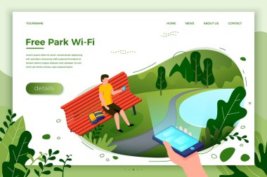 Vektör park afiş, adam bir banka ile telefon