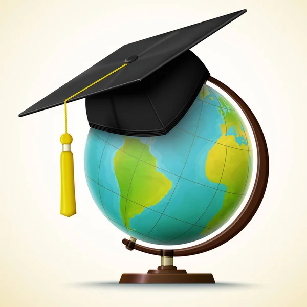 Vector realistic graduation cap hang on the globe — Stock Vector
