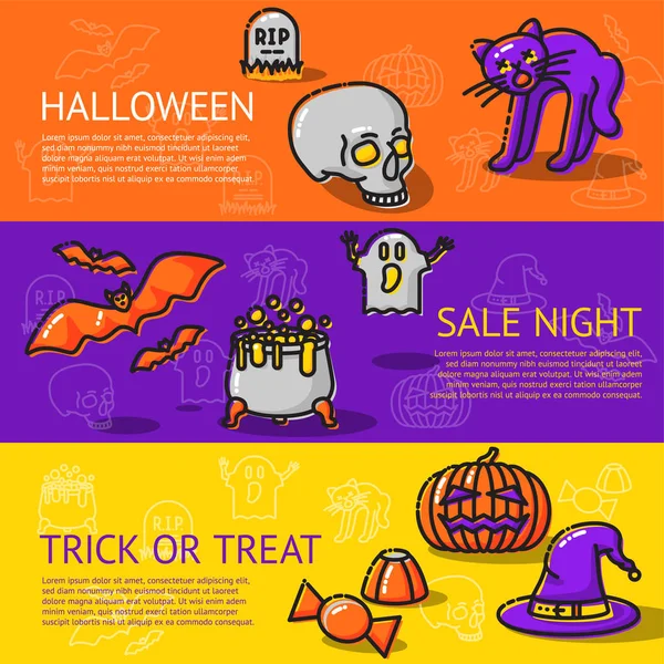 Zestaw liniowy banery Halloween - kot, nietoperze, czaszki — Wektor stockowy