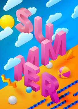 3D kağıt harfler ile vektör parlak yaz poster