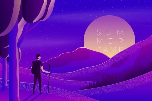 Affiche de camping d'été vectoriel, homme et soleil couchant — Image vectorielle