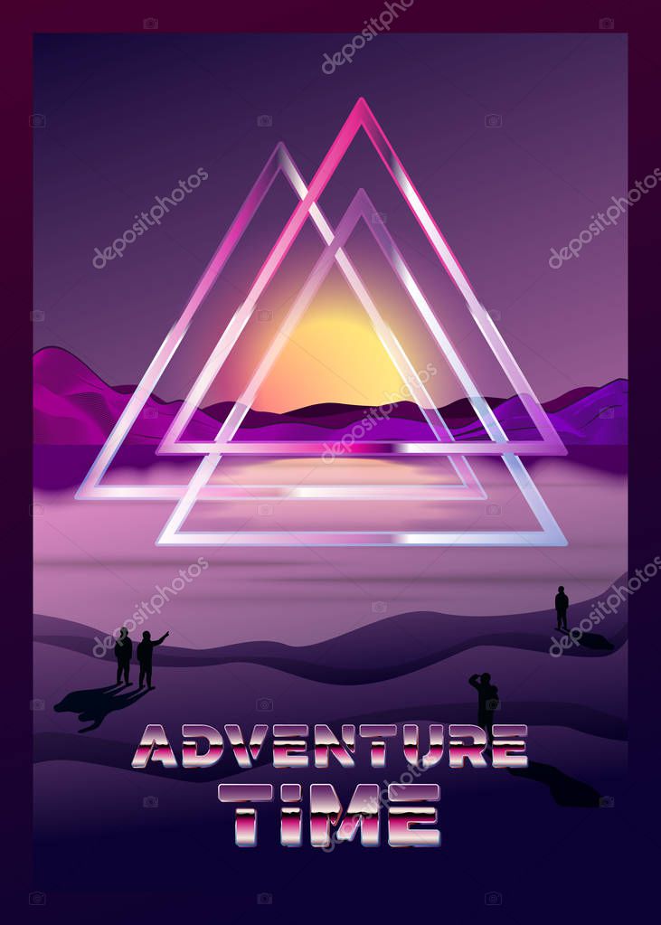 Vector poster design template in 80s retro futurism style, with Odin's symbol valknut over the river and mountains. Sunset and people gaze on it, adventure travel concept.