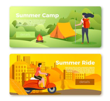 Vektör afiş seti, kamp kız, bisikletli adam