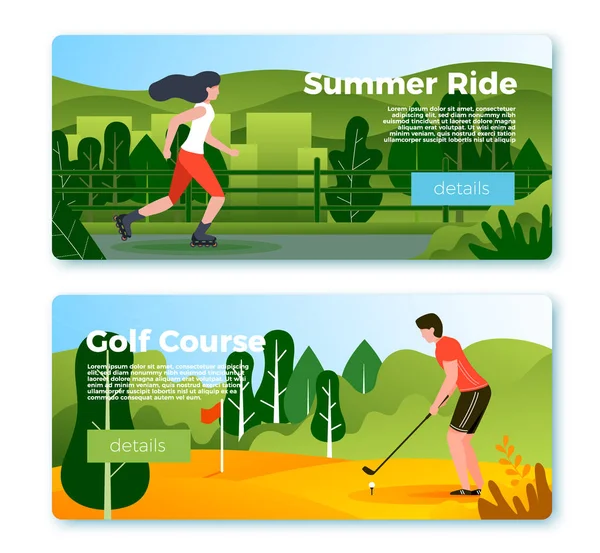 Vector banners - rolling girl and golf playing man — Stock Vector