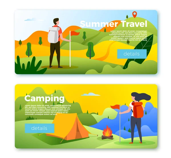Vector set of banner templates with people hiking — Stock Vector