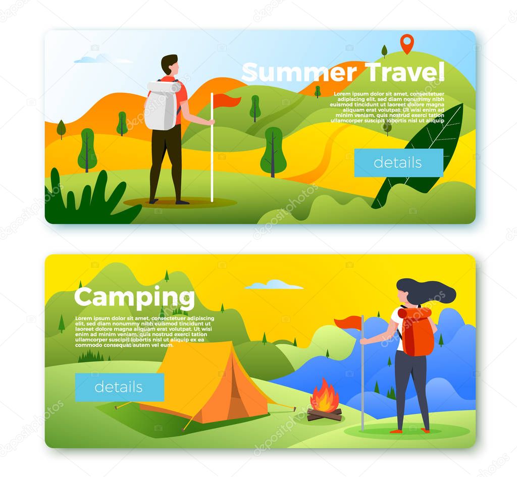 Vector set of banner templates with people hiking