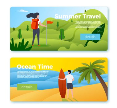 Vektör afiş - kız yürüyüş, sörf tahtası ile adam