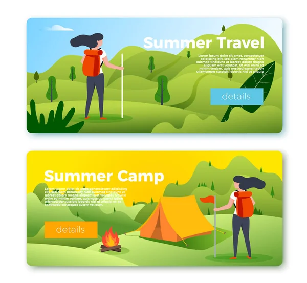 Vector set of banners with girl hiking outdoors