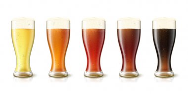 Vector 3d realistic various beers in tall glasses clipart