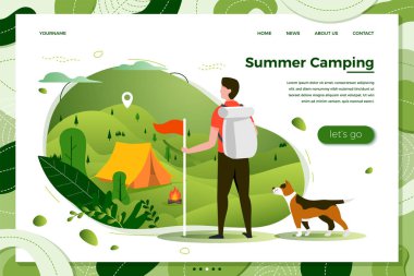 Kamp yeri görünümlü köpek ile vektör turist adam