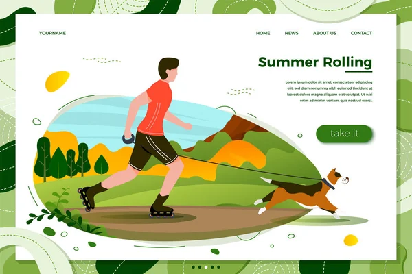 Illustration vectorielle - homme avec chien roulant dans le parc — Image vectorielle
