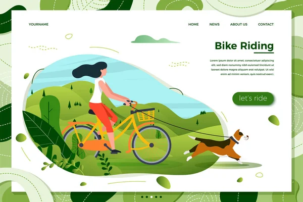 Vektor ilustrasi Gadis mengendarai sepeda dengan anjing - Stok Vektor
