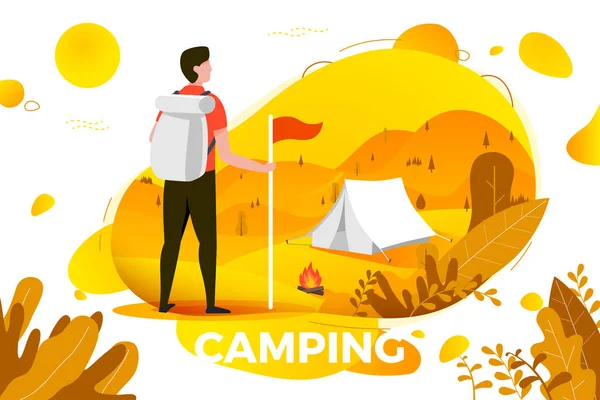 Vecteur camping homme avec sac à dos regardant sur la tente — Image vectorielle
