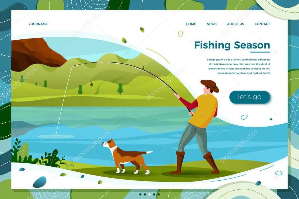 Vector fisherman with dog on river catching trout