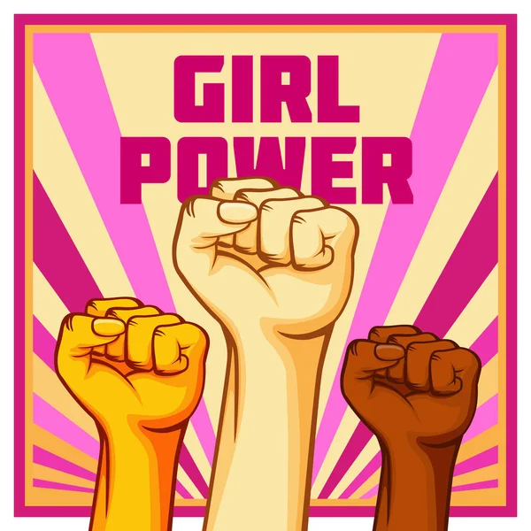 Vintage style vector Girl Power poster raised fist — Stock Vector