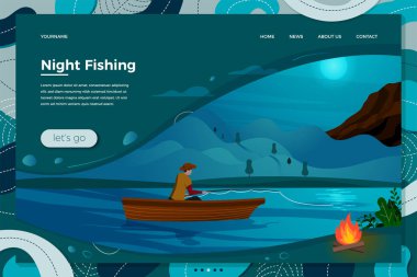 Vektör illüstrasyon - teknede gece balıkçı adam