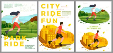 Vektör yaz spor posterleri seti - parkta haddeleme