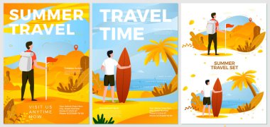 Vektör yaz eğlence posterleri yürüyüş, sörf ayarlamak
