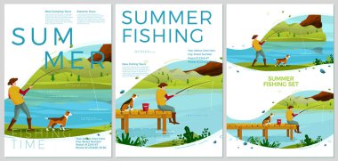 Vektör yaz balıkçılık posterleri seti - köpek ile adam