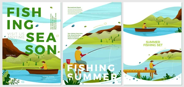 Vektor Sommer Plakate setzen Aktivitäten der Flussfischerei — Stockvektor