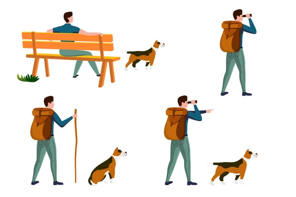 Vector summer travel activities set - man with dog — Stock Vector