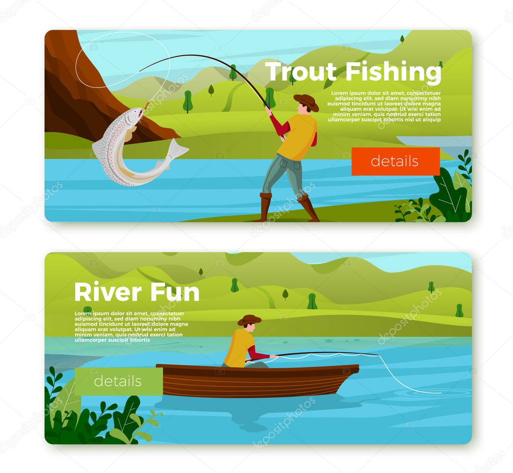 Vector banners fisherman on river boat, with trout