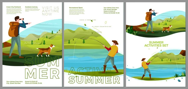 Vektor Sommer Poster Set - Wandern und Angeln — Stockvektor