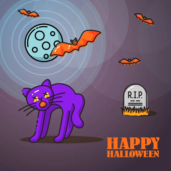 Banner linear de Halloween com gato e lua assustados — Vetor de Stock