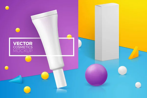 Vector 3d realistic scene with thin cream tube — Stock Vector