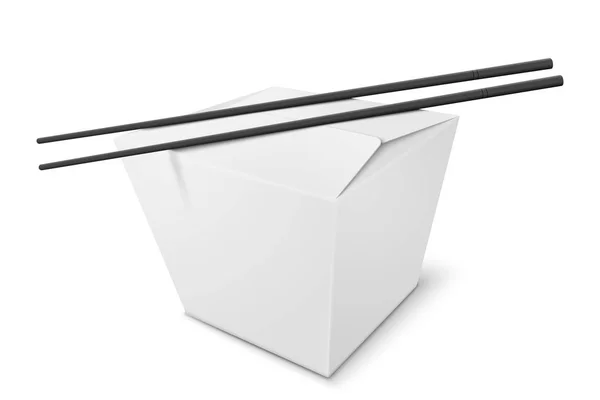 Vector 3d caja realista con comida china, palos — Vector de stock