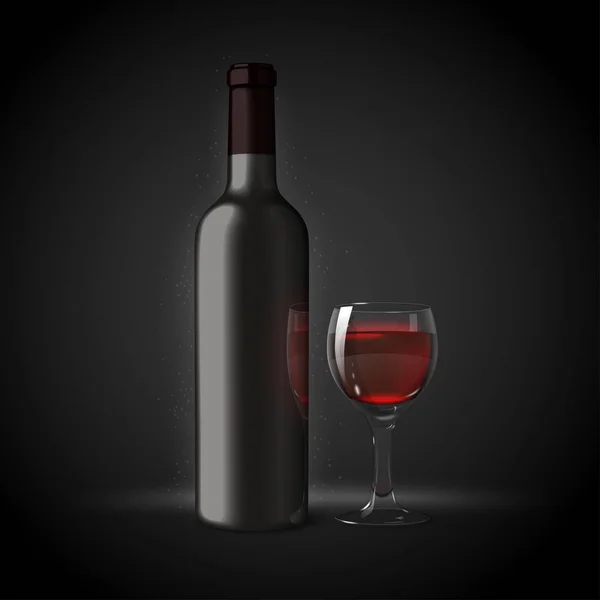 Vector 3d botella de vino realista con vidrio — Archivo Imágenes Vectoriales