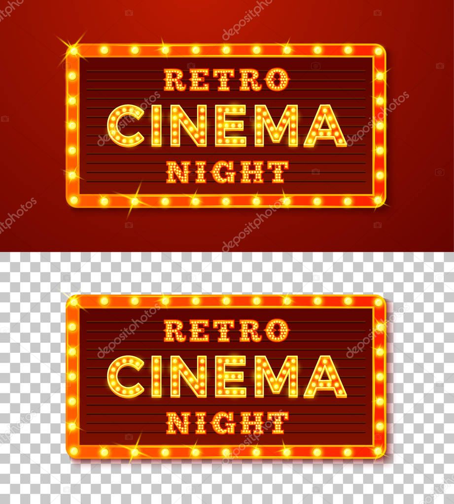 Vector realistic set of glowing retro Cinema night signs with lamps, transparent on different backgrounds.