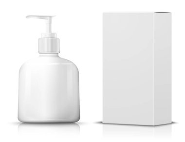 Vektör 3d gerçekçi şampuan pompası şişesi, kağıt kutusu