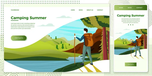 Ilustración vectorial camping hombre con montañas — Vector de stock